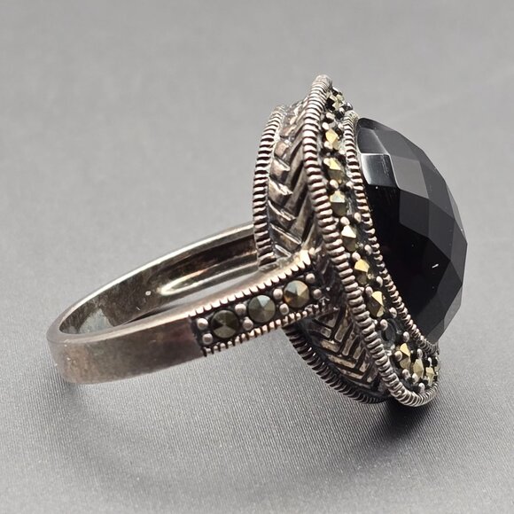 NF Sterling Silver Black Onyx & Marcasite Ring Size 9 Checkerboard Cut 8.92g - Picture 5 of 13